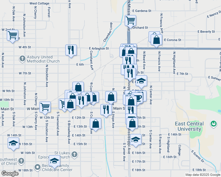 map of restaurants, bars, coffee shops, grocery stores, and more near 426 East 9th Street in Ada