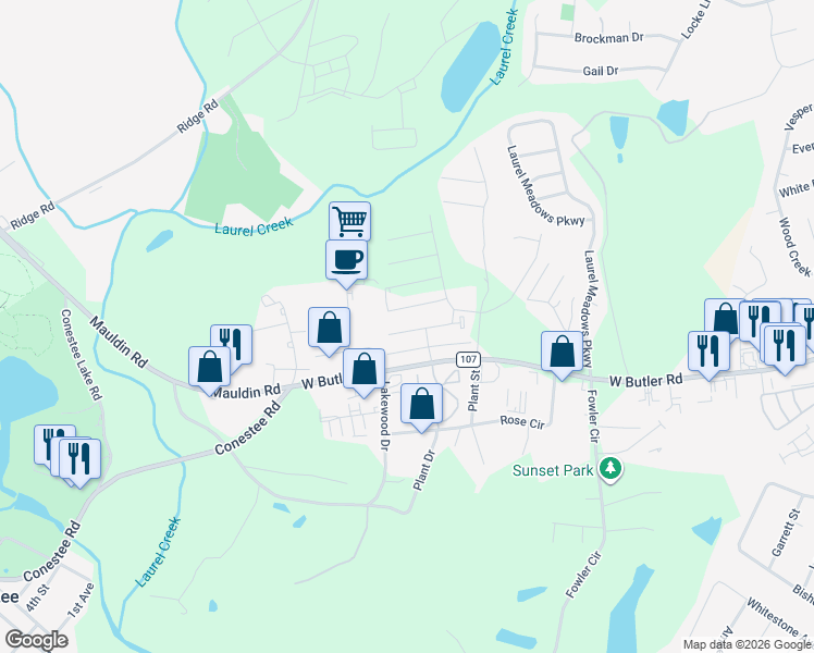 map of restaurants, bars, coffee shops, grocery stores, and more near 108 Park Place Court in Greenville