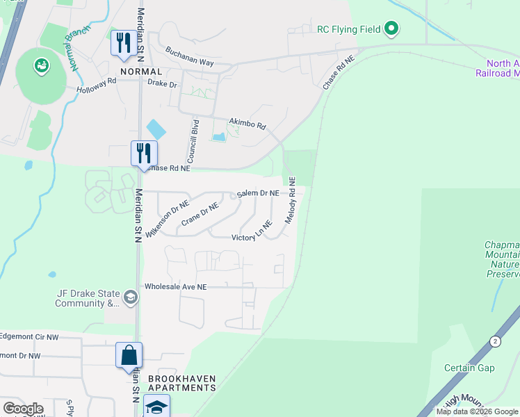 map of restaurants, bars, coffee shops, grocery stores, and more near 3822 Colton Lane Northeast in Huntsville