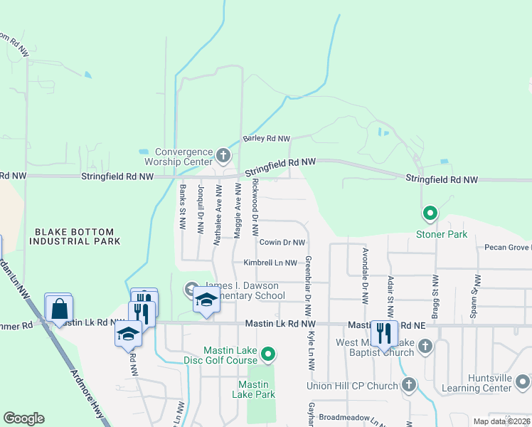 map of restaurants, bars, coffee shops, grocery stores, and more near 5006 Rickwood Court Northwest in Huntsville