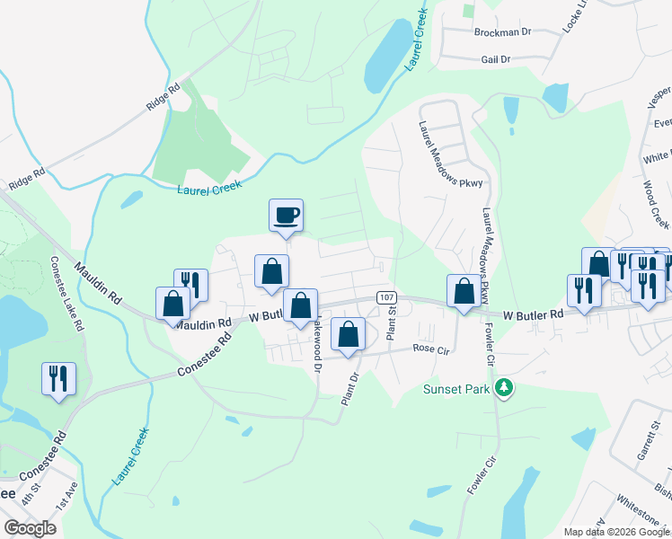 map of restaurants, bars, coffee shops, grocery stores, and more near 108 Park Place Court in Greenville