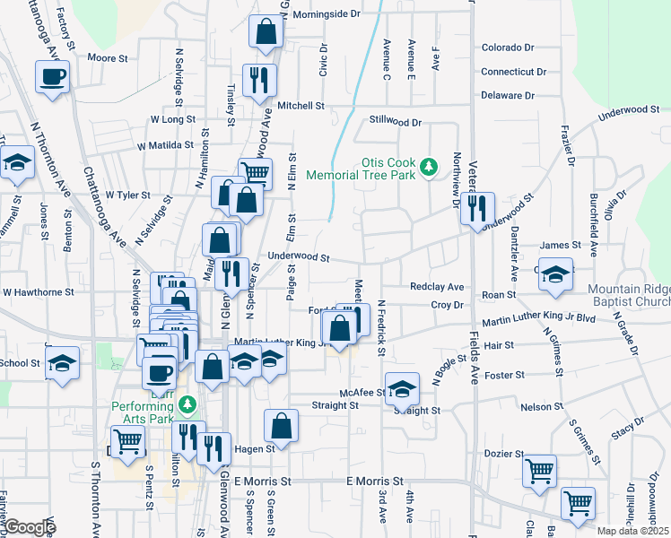 map of restaurants, bars, coffee shops, grocery stores, and more near 523 Underwood St in Dalton