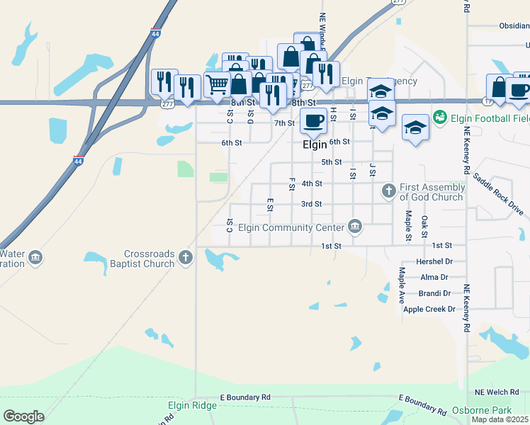map of restaurants, bars, coffee shops, grocery stores, and more near 403 E Street in Elgin