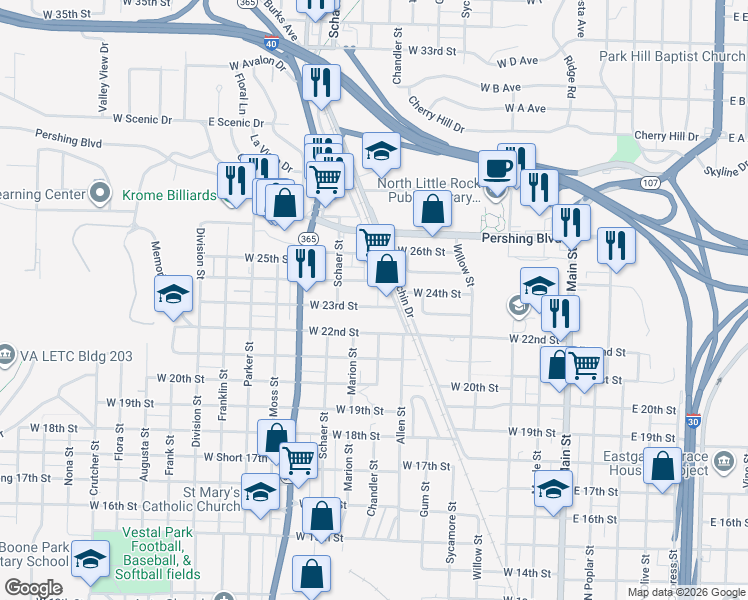 map of restaurants, bars, coffee shops, grocery stores, and more near 701 West 23rd Street in North Little Rock