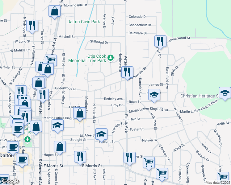 map of restaurants, bars, coffee shops, grocery stores, and more near 401-499 Underwood Circle in Dalton