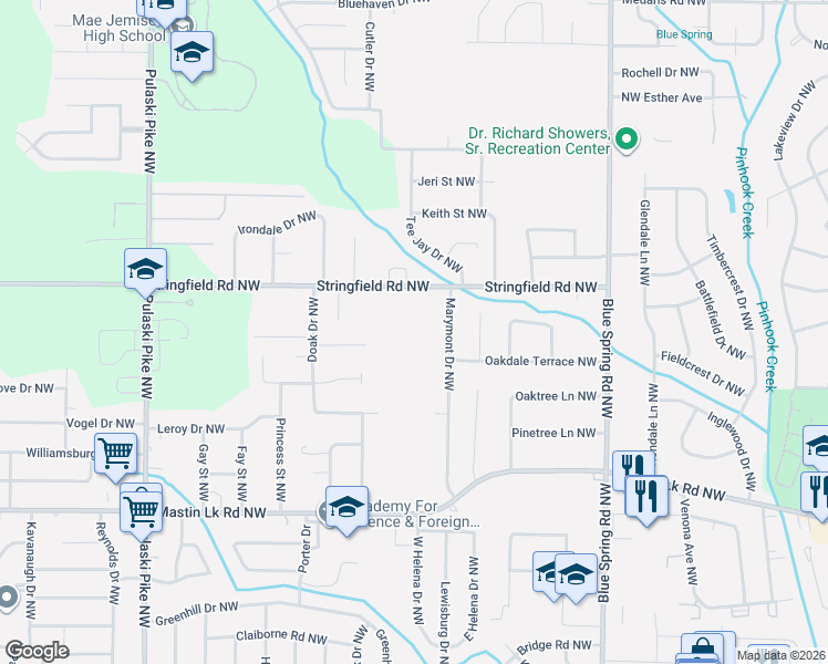 map of restaurants, bars, coffee shops, grocery stores, and more near 3100 Stringfield Road Northwest in Huntsville