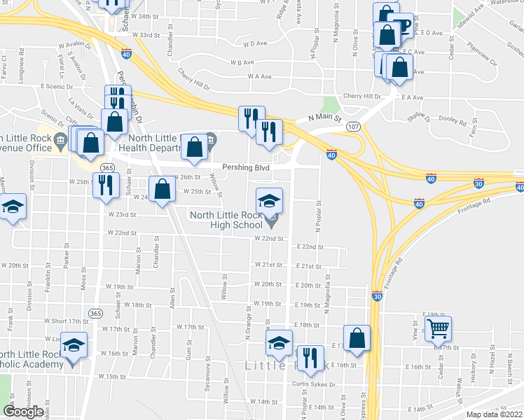 map of restaurants, bars, coffee shops, grocery stores, and more near 201 West 22nd Street in North Little Rock