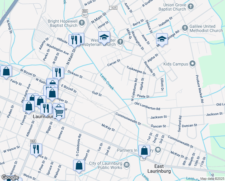 map of restaurants, bars, coffee shops, grocery stores, and more near Dickson Street in Laurinburg
