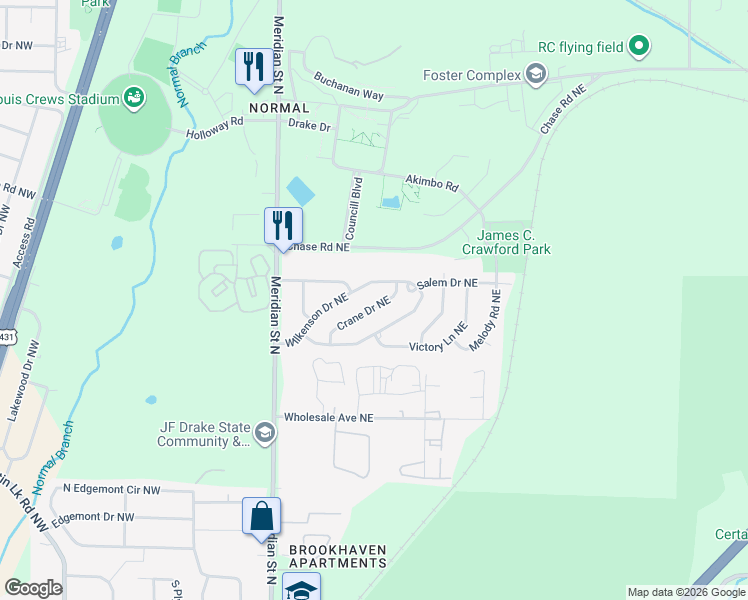 map of restaurants, bars, coffee shops, grocery stores, and more near 136 Wilkenson Drive Northeast in Huntsville