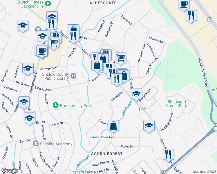 map of restaurants, bars, coffee shops, grocery stores, and more near 1121 Gum Branch Road in Jacksonville