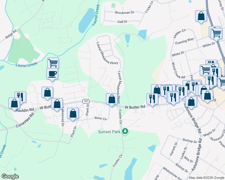map of restaurants, bars, coffee shops, grocery stores, and more near 551 Waterbrook Drive in Greenville