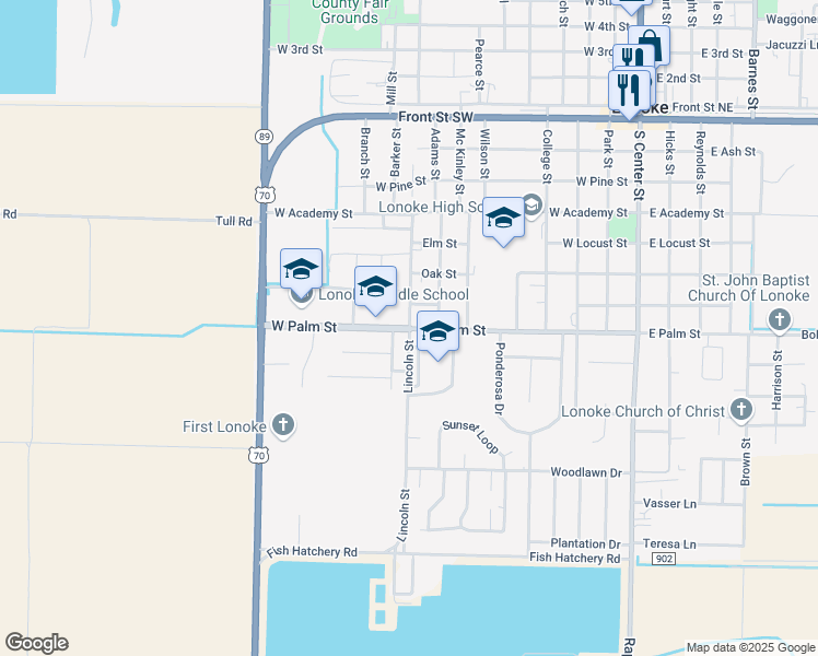 map of restaurants, bars, coffee shops, grocery stores, and more near 900 West Palm Street in Lonoke