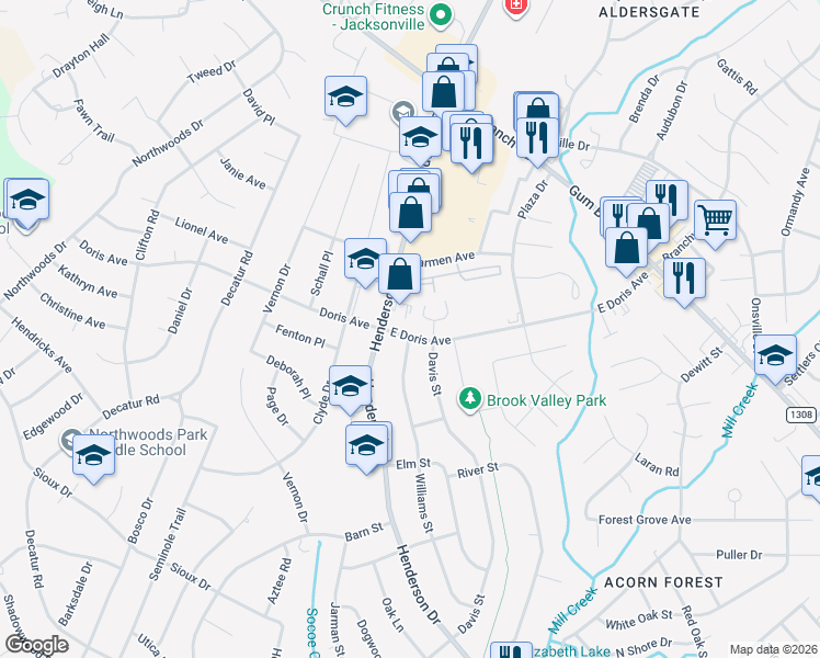 map of restaurants, bars, coffee shops, grocery stores, and more near 218 West Saltwood Place in Jacksonville
