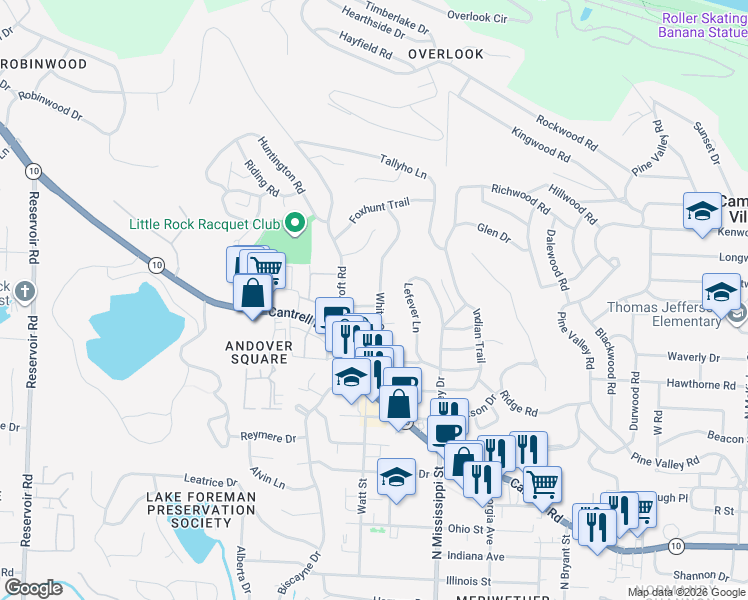map of restaurants, bars, coffee shops, grocery stores, and more near 109 White Oak Lane in Little Rock