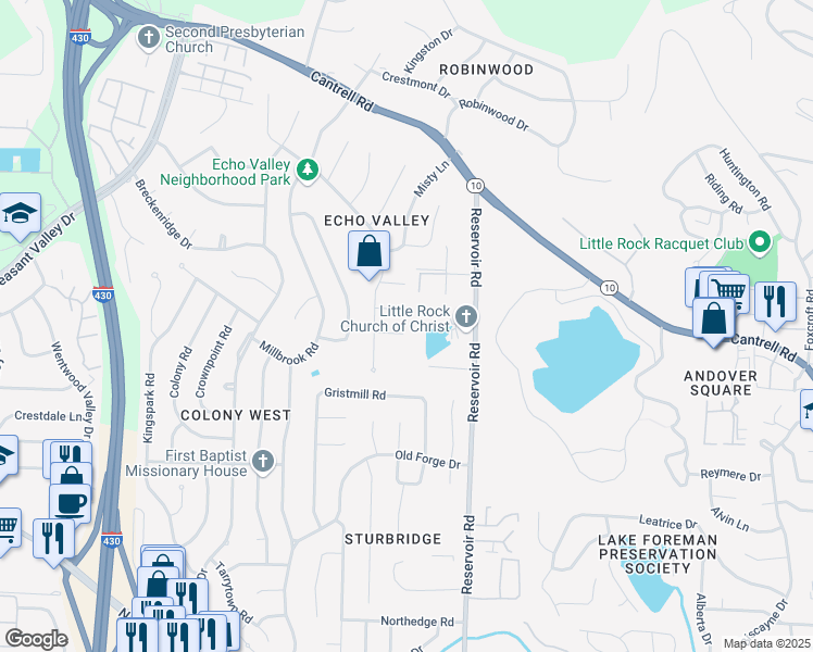 map of restaurants, bars, coffee shops, grocery stores, and more near 10 Newbridge Court in Little Rock
