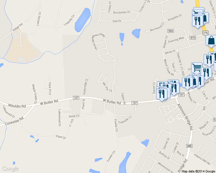 map of restaurants, bars, coffee shops, grocery stores, and more near 551 Waterbrook Drive in Greenville