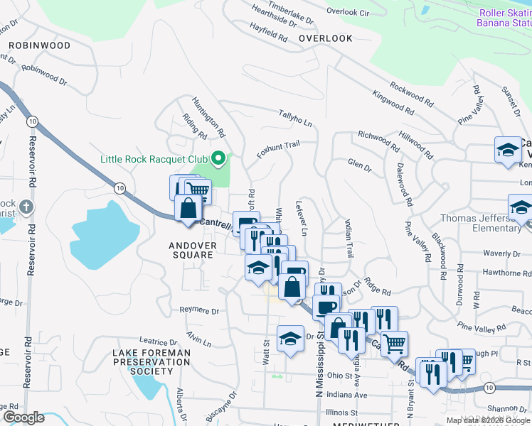 map of restaurants, bars, coffee shops, grocery stores, and more near 109 White Oak Lane in Little Rock