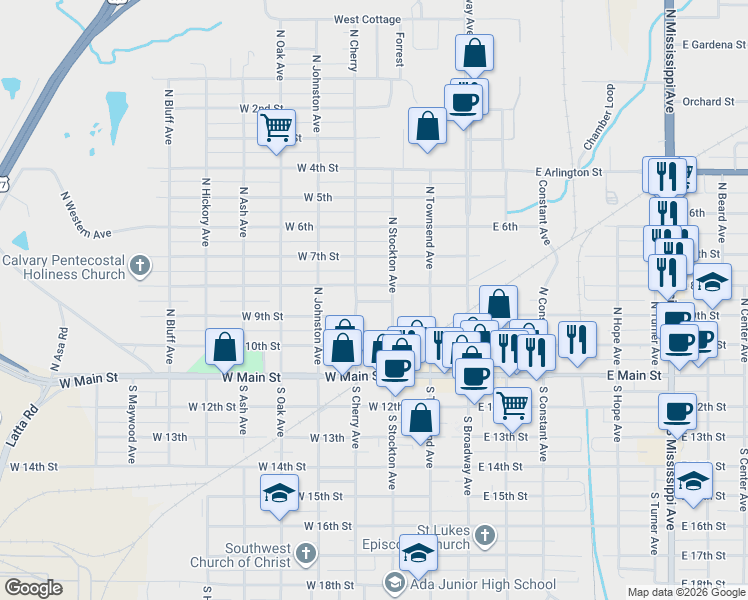map of restaurants, bars, coffee shops, grocery stores, and more near 311 West 8th Street in Ada