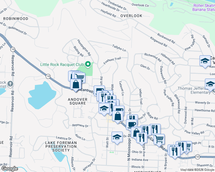 map of restaurants, bars, coffee shops, grocery stores, and more near 109 White Oak Lane in Little Rock