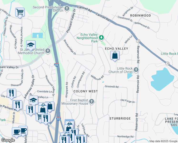 map of restaurants, bars, coffee shops, grocery stores, and more near 2418 Breckenridge Drive in Little Rock
