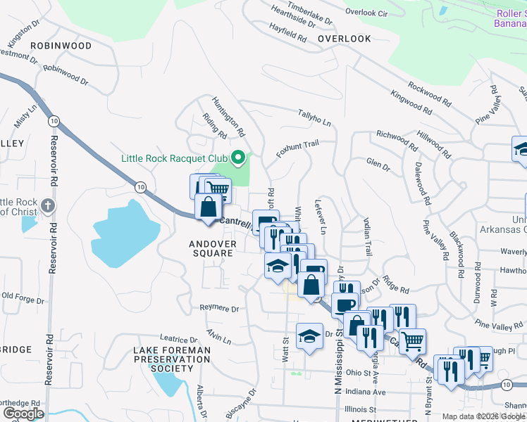 map of restaurants, bars, coffee shops, grocery stores, and more near 42 Foxcroft Road in Little Rock