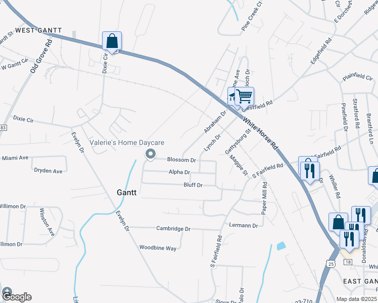 map of restaurants, bars, coffee shops, grocery stores, and more near 133 Abraham Drive in Greenville