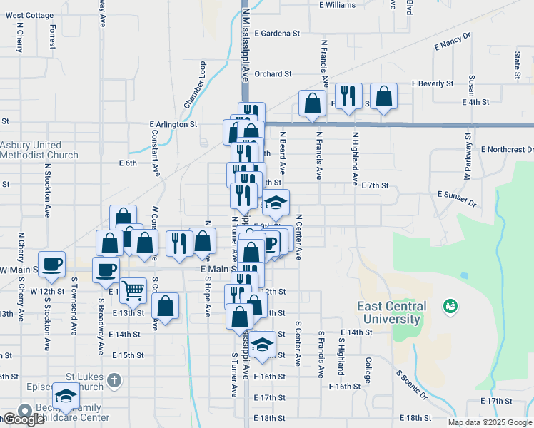 map of restaurants, bars, coffee shops, grocery stores, and more near 701-799 E 8th St in Ada