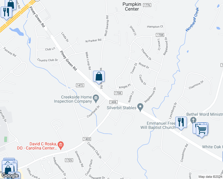 map of restaurants, bars, coffee shops, grocery stores, and more near 106 Knight Place in Jacksonville