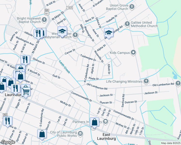 map of restaurants, bars, coffee shops, grocery stores, and more near 409 Alpha Street in Laurinburg