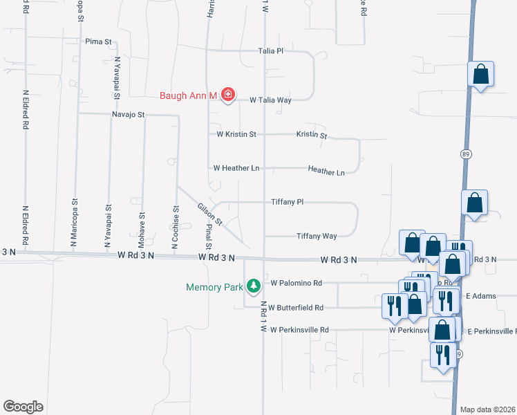map of restaurants, bars, coffee shops, grocery stores, and more near 1005 Tiffany Place in Chino Valley