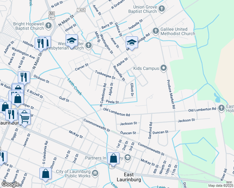 map of restaurants, bars, coffee shops, grocery stores, and more near in Laurinburg