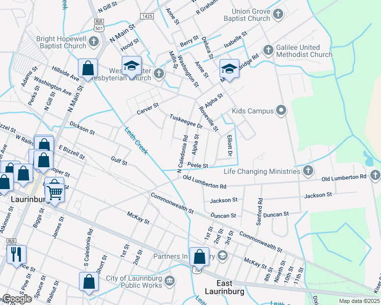 map of restaurants, bars, coffee shops, grocery stores, and more near 409 Alpha Street in Laurinburg