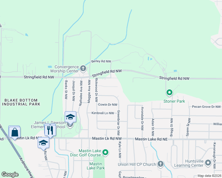 map of restaurants, bars, coffee shops, grocery stores, and more near 5016 Rickwood Court Northwest in Huntsville