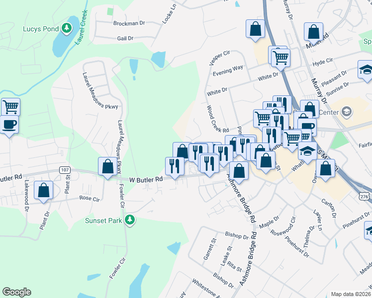 map of restaurants, bars, coffee shops, grocery stores, and more near 101 Daniel Court in Mauldin