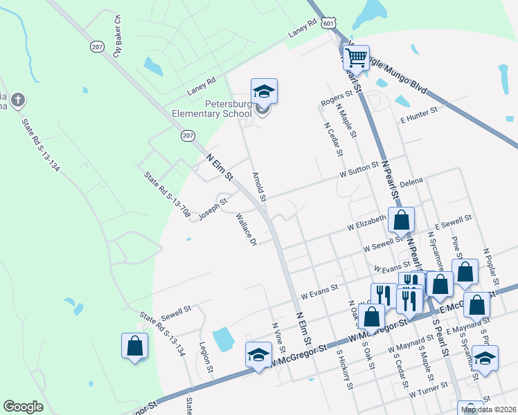 map of restaurants, bars, coffee shops, grocery stores, and more near 105 Brewer Circle in Pageland