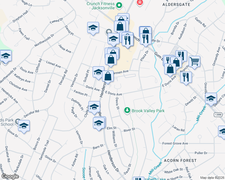 map of restaurants, bars, coffee shops, grocery stores, and more near 220 West Saltwood Place in Jacksonville