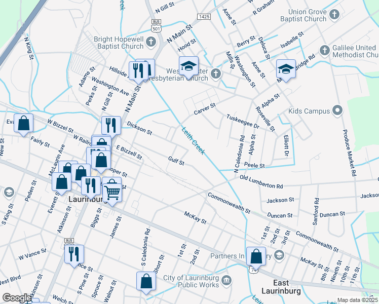 map of restaurants, bars, coffee shops, grocery stores, and more near Dickson Street in Laurinburg
