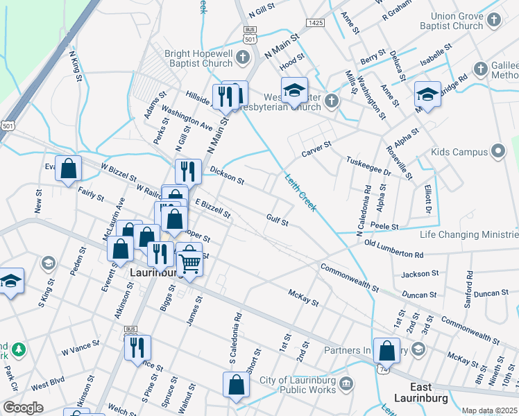 map of restaurants, bars, coffee shops, grocery stores, and more near 240 Gulf Street in Laurinburg