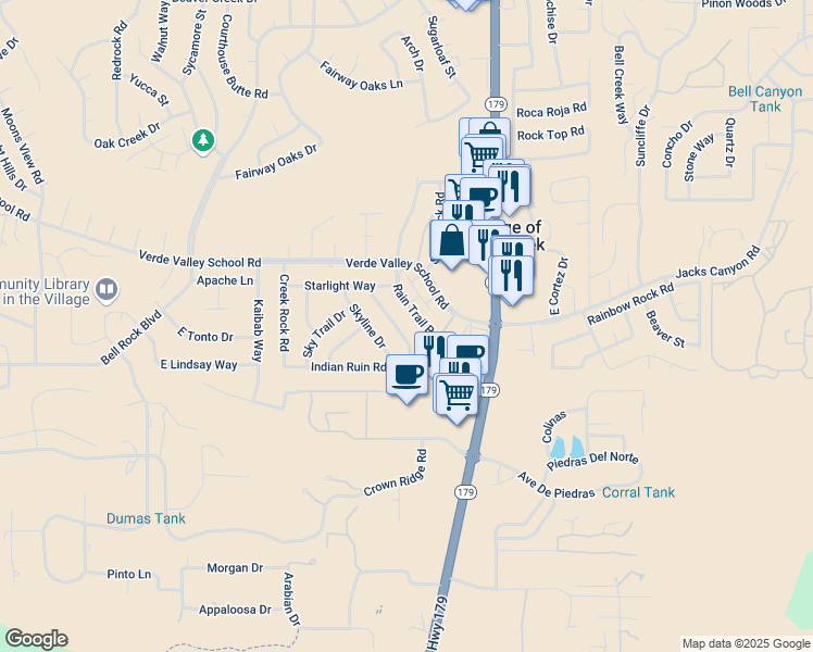 map of restaurants, bars, coffee shops, grocery stores, and more near 95 Morningside Dr in Sedona