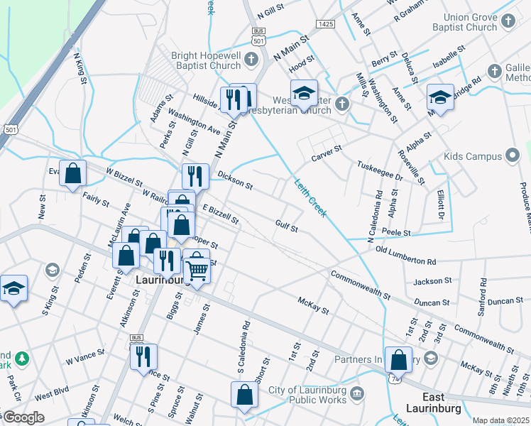 map of restaurants, bars, coffee shops, grocery stores, and more near 236 Gulf Street in Laurinburg
