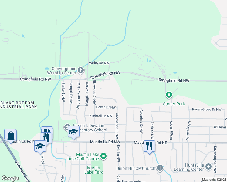 map of restaurants, bars, coffee shops, grocery stores, and more near 5016 Rickwood Court Northwest in Huntsville