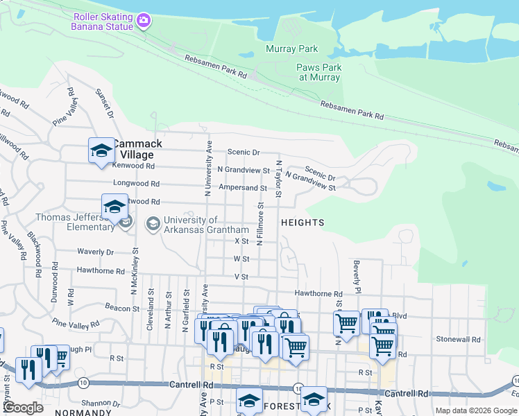 map of restaurants, bars, coffee shops, grocery stores, and more near 2728 North Fillmore Street in Little Rock