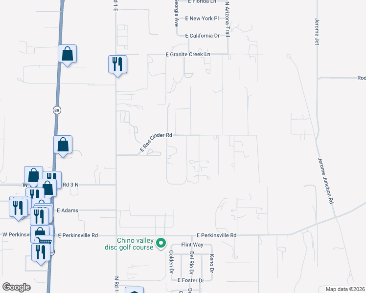 map of restaurants, bars, coffee shops, grocery stores, and more near 1331 East Red Cinder Road in Chino Valley