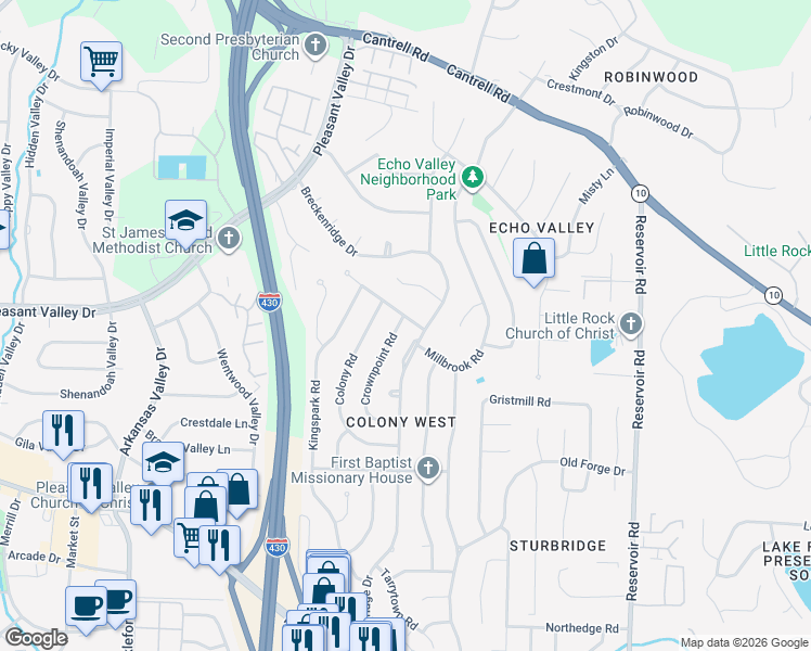 map of restaurants, bars, coffee shops, grocery stores, and more near 39 Crownpoint Road in Little Rock