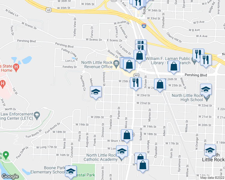 map of restaurants, bars, coffee shops, grocery stores, and more near 2320 Franklin Street in North Little Rock