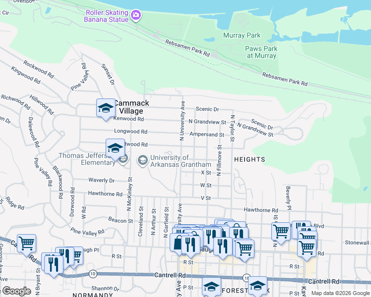 map of restaurants, bars, coffee shops, grocery stores, and more near 2723 N University Ave in Little Rock