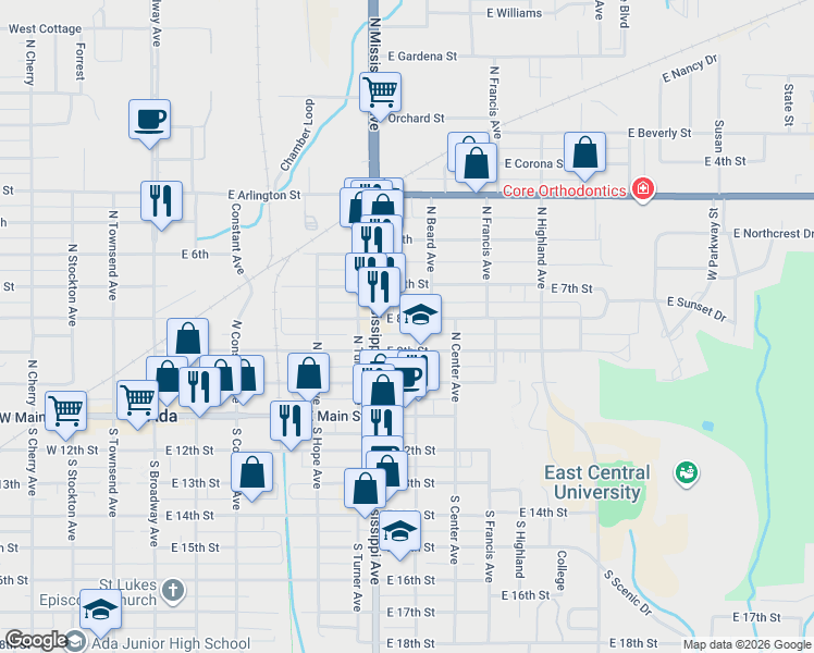 map of restaurants, bars, coffee shops, grocery stores, and more near 701-799 E 8th St in Ada
