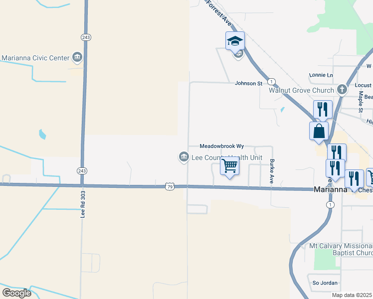 map of restaurants, bars, coffee shops, grocery stores, and more near 513 Hicky Road in Marianna