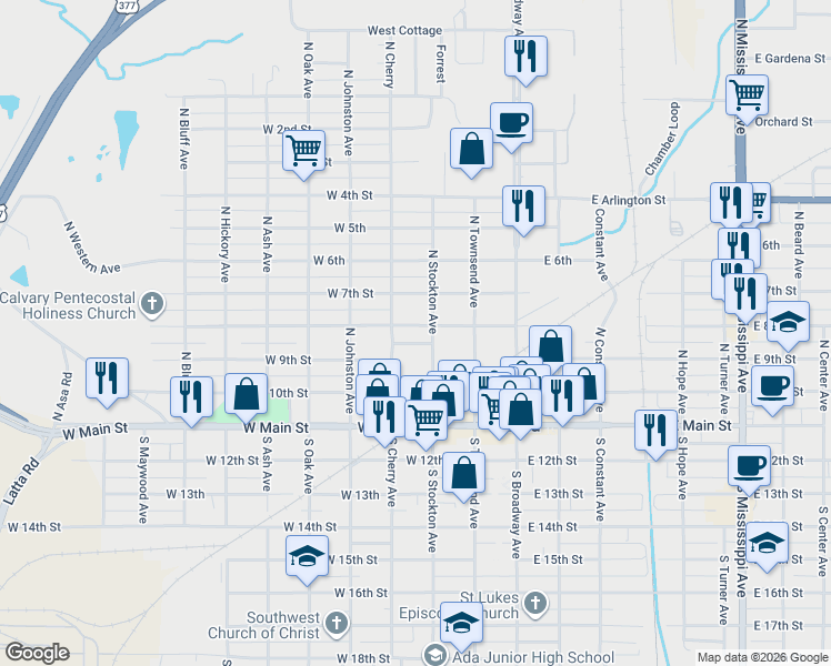 map of restaurants, bars, coffee shops, grocery stores, and more near 311 West 8th Street in Ada