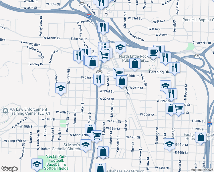 map of restaurants, bars, coffee shops, grocery stores, and more near 901 West 24th Street in North Little Rock